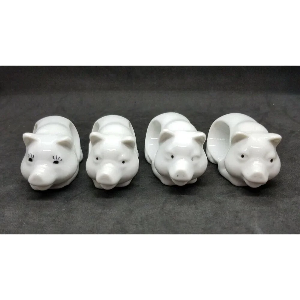 Farmhouse Pig Napkin Rings Holders Country White Porcelain Set of 4 Japan